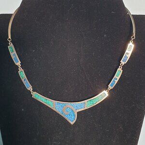 Vintage Mexican Southwestern Malachite & Turquoise Inlay Sterling Necklace